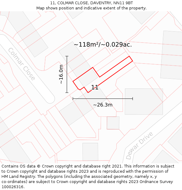 11, COLMAR CLOSE, DAVENTRY, NN11 9BT: Plot and title map