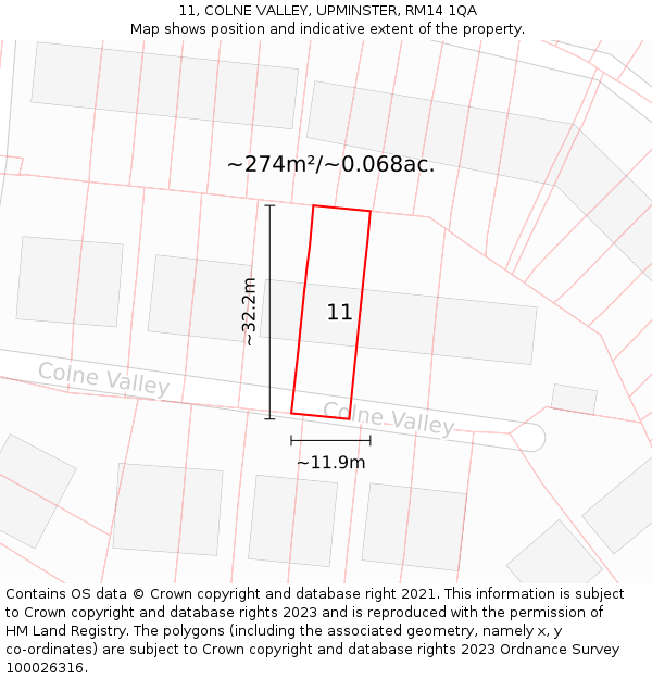11, COLNE VALLEY, UPMINSTER, RM14 1QA: Plot and title map