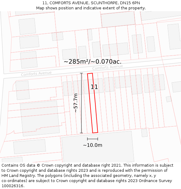 11, COMFORTS AVENUE, SCUNTHORPE, DN15 6PN: Plot and title map