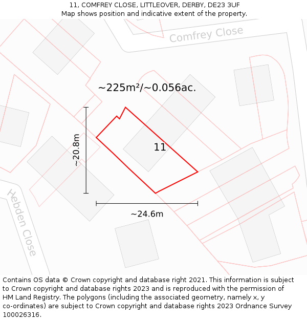 11, COMFREY CLOSE, LITTLEOVER, DERBY, DE23 3UF: Plot and title map