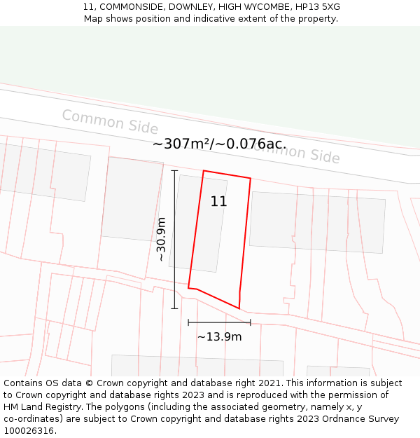 11, COMMONSIDE, DOWNLEY, HIGH WYCOMBE, HP13 5XG: Plot and title map