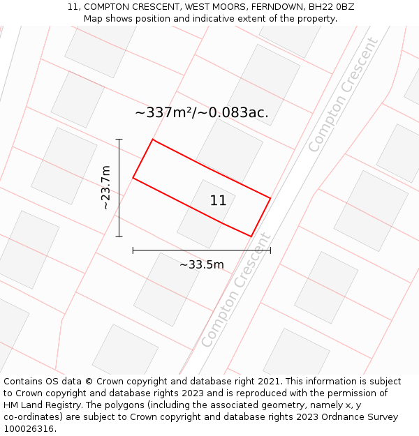 11, COMPTON CRESCENT, WEST MOORS, FERNDOWN, BH22 0BZ: Plot and title map