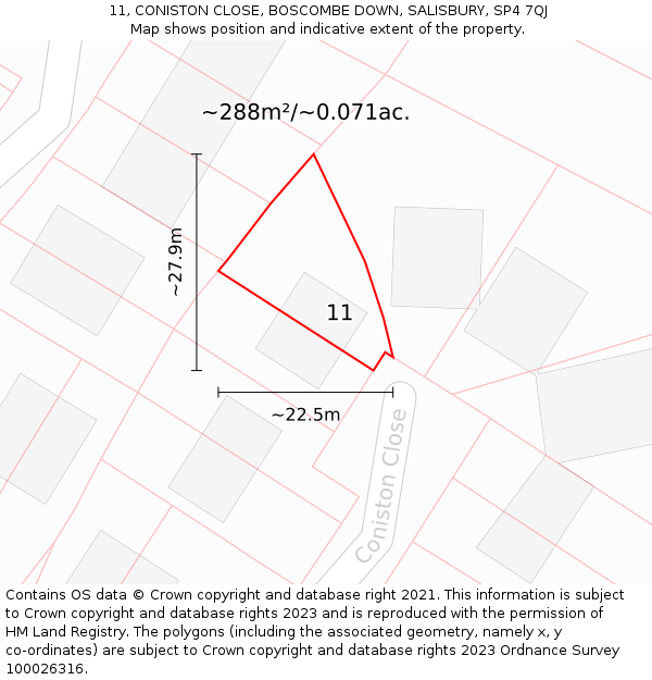 11, CONISTON CLOSE, BOSCOMBE DOWN, SALISBURY, SP4 7QJ: Plot and title map