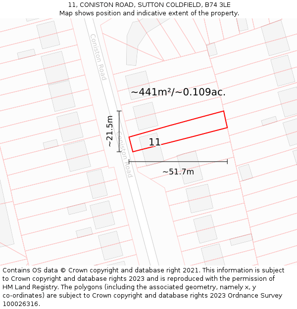 11, CONISTON ROAD, SUTTON COLDFIELD, B74 3LE: Plot and title map