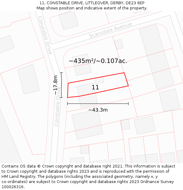 11, CONSTABLE DRIVE, LITTLEOVER, DERBY, DE23 6EP: Plot and title map