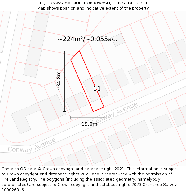 11, CONWAY AVENUE, BORROWASH, DERBY, DE72 3GT: Plot and title map