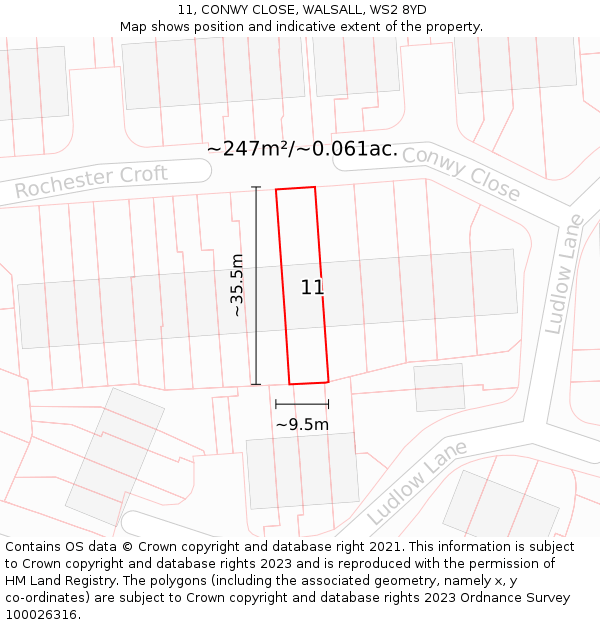 11, CONWY CLOSE, WALSALL, WS2 8YD: Plot and title map