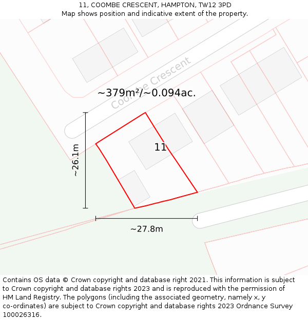 11, COOMBE CRESCENT, HAMPTON, TW12 3PD: Plot and title map