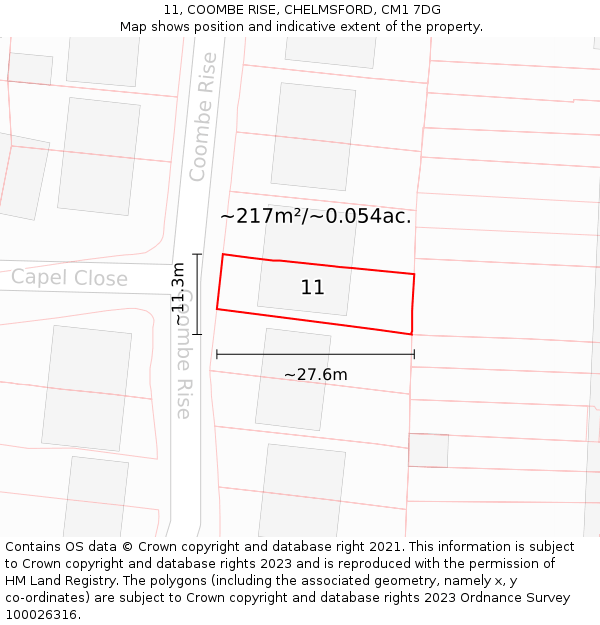 11, COOMBE RISE, CHELMSFORD, CM1 7DG: Plot and title map