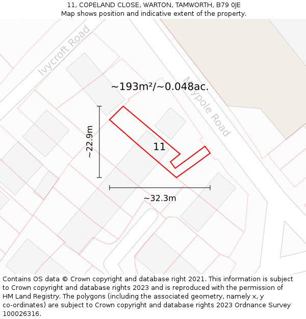 11, COPELAND CLOSE, WARTON, TAMWORTH, B79 0JE: Plot and title map