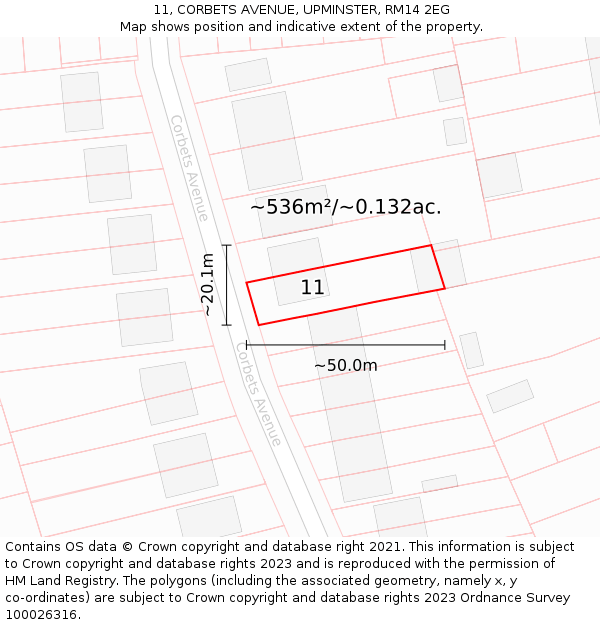 11, CORBETS AVENUE, UPMINSTER, RM14 2EG: Plot and title map