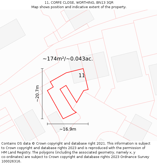 11, CORFE CLOSE, WORTHING, BN13 3QR: Plot and title map