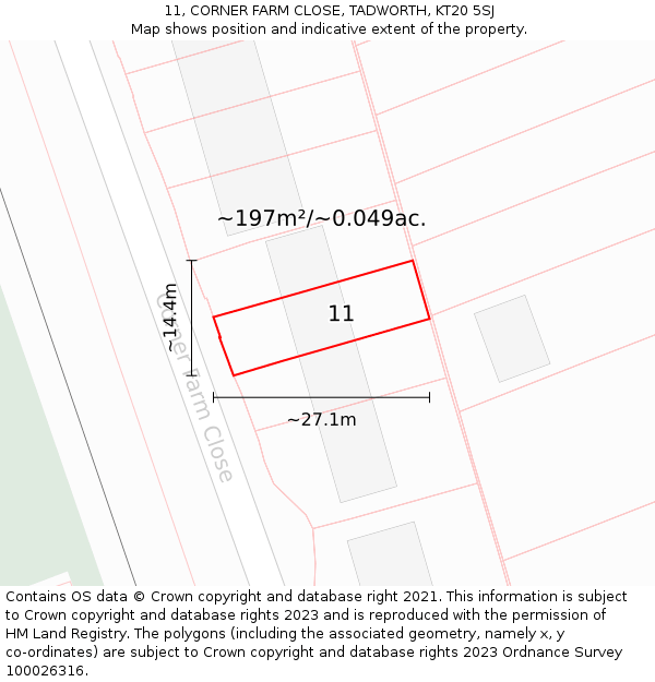 11, CORNER FARM CLOSE, TADWORTH, KT20 5SJ: Plot and title map