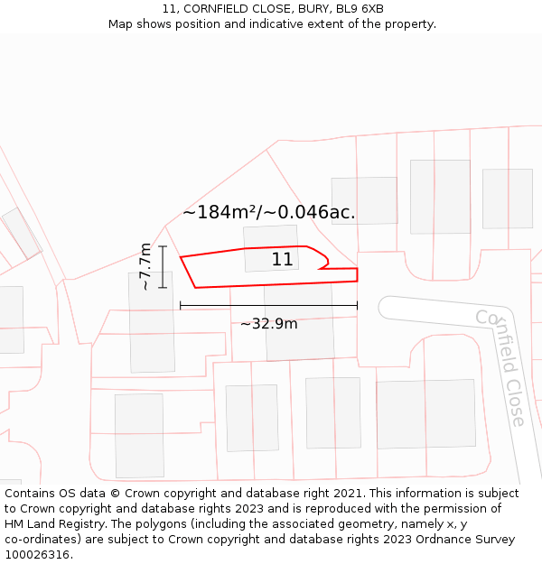 11, CORNFIELD CLOSE, BURY, BL9 6XB: Plot and title map