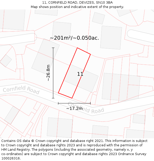 11, CORNFIELD ROAD, DEVIZES, SN10 3BA: Plot and title map