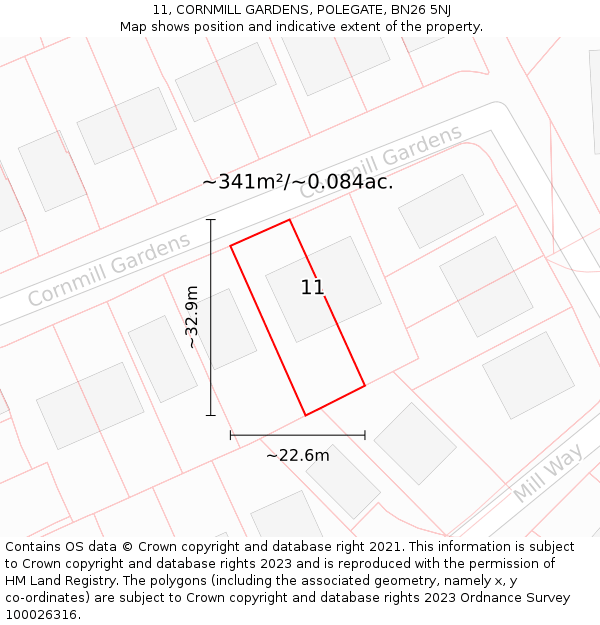 11, CORNMILL GARDENS, POLEGATE, BN26 5NJ: Plot and title map