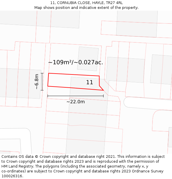 11, CORNUBIA CLOSE, HAYLE, TR27 4RL: Plot and title map