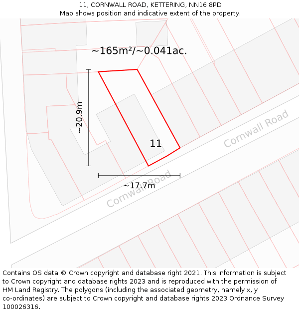 11, CORNWALL ROAD, KETTERING, NN16 8PD: Plot and title map