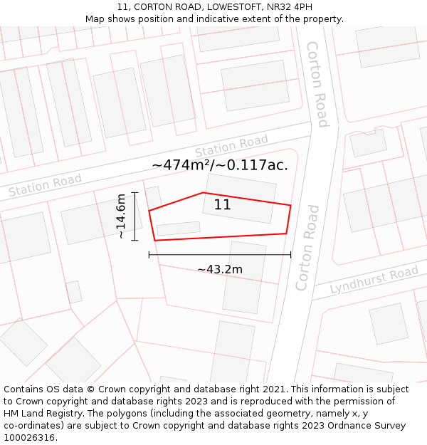 11, CORTON ROAD, LOWESTOFT, NR32 4PH: Plot and title map