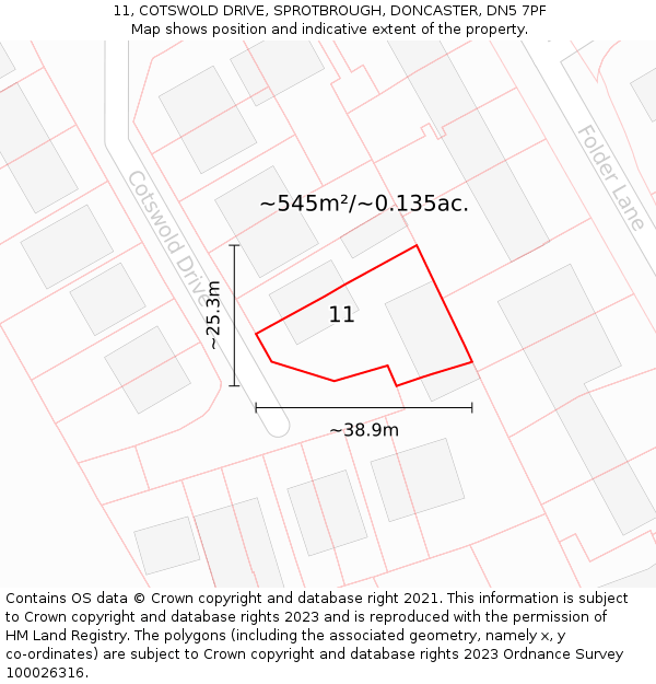 11, COTSWOLD DRIVE, SPROTBROUGH, DONCASTER, DN5 7PF: Plot and title map