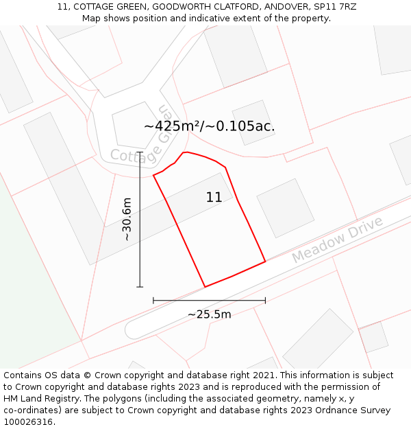 11, COTTAGE GREEN, GOODWORTH CLATFORD, ANDOVER, SP11 7RZ: Plot and title map
