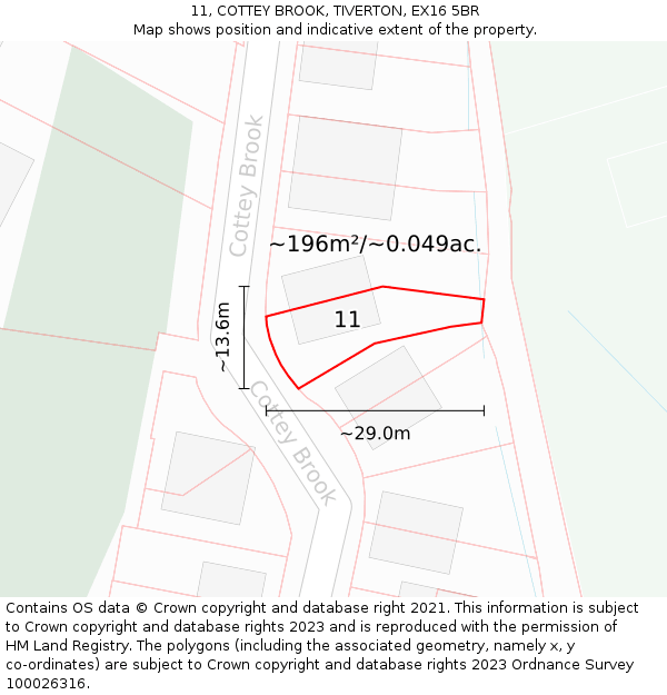 11, COTTEY BROOK, TIVERTON, EX16 5BR: Plot and title map
