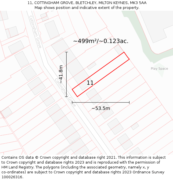 11, COTTINGHAM GROVE, BLETCHLEY, MILTON KEYNES, MK3 5AA: Plot and title map