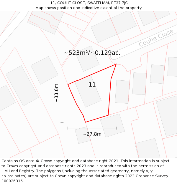 11, COUHE CLOSE, SWAFFHAM, PE37 7JS: Plot and title map
