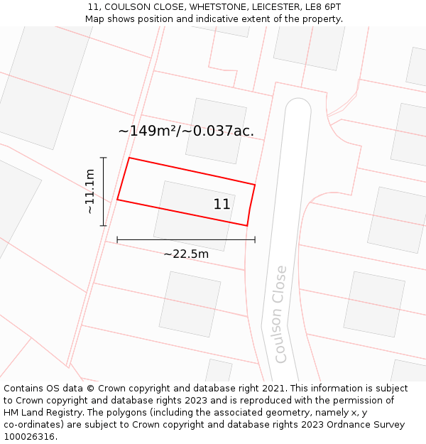 11, COULSON CLOSE, WHETSTONE, LEICESTER, LE8 6PT: Plot and title map