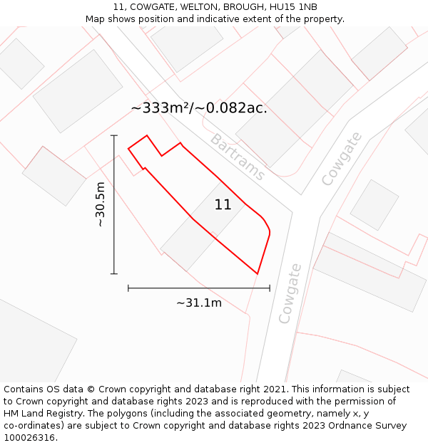 11, COWGATE, WELTON, BROUGH, HU15 1NB: Plot and title map