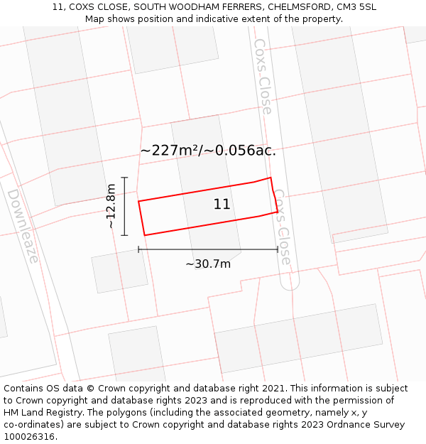 11, COXS CLOSE, SOUTH WOODHAM FERRERS, CHELMSFORD, CM3 5SL: Plot and title map