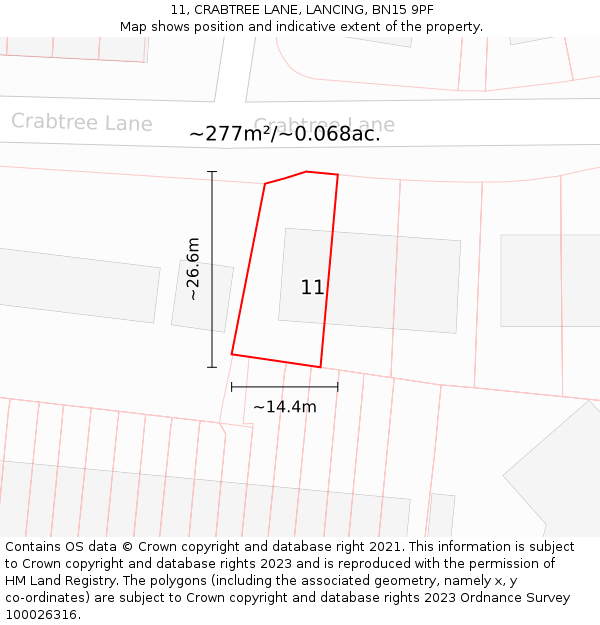 11, CRABTREE LANE, LANCING, BN15 9PF: Plot and title map