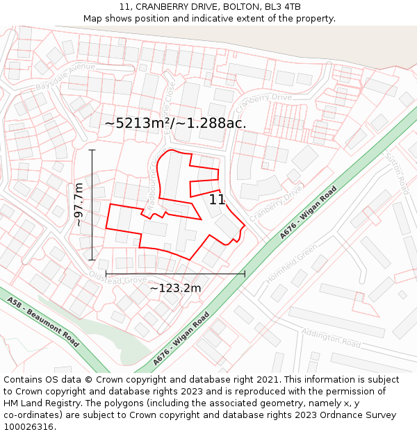 11, CRANBERRY DRIVE, BOLTON, BL3 4TB: Plot and title map