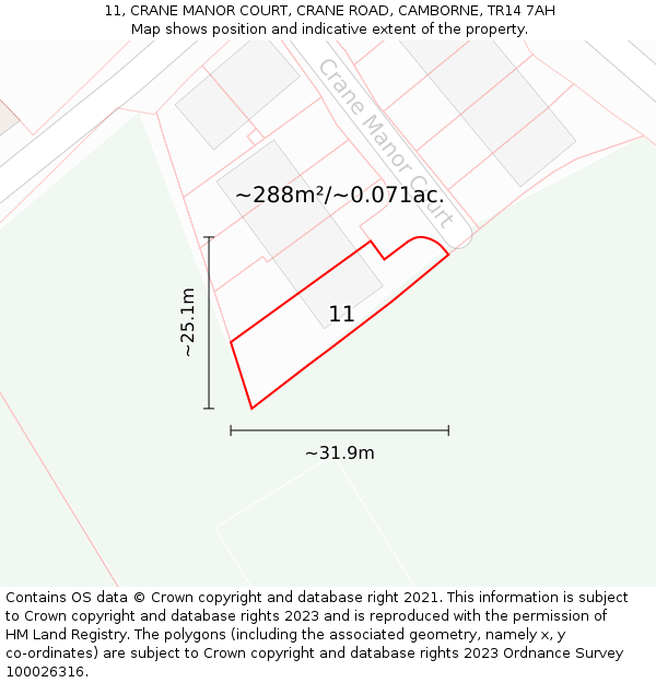 11, CRANE MANOR COURT, CRANE ROAD, CAMBORNE, TR14 7AH: Plot and title map