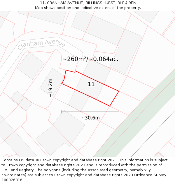 11, CRANHAM AVENUE, BILLINGSHURST, RH14 9EN: Plot and title map