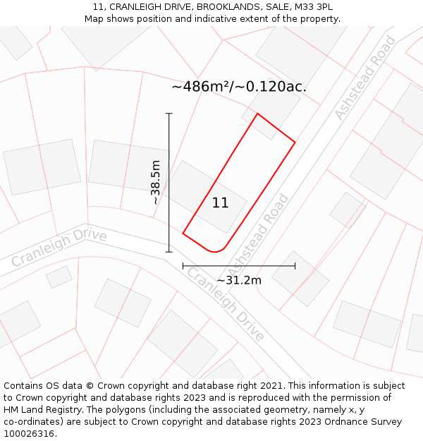 11, CRANLEIGH DRIVE, BROOKLANDS, SALE, M33 3PL: Plot and title map