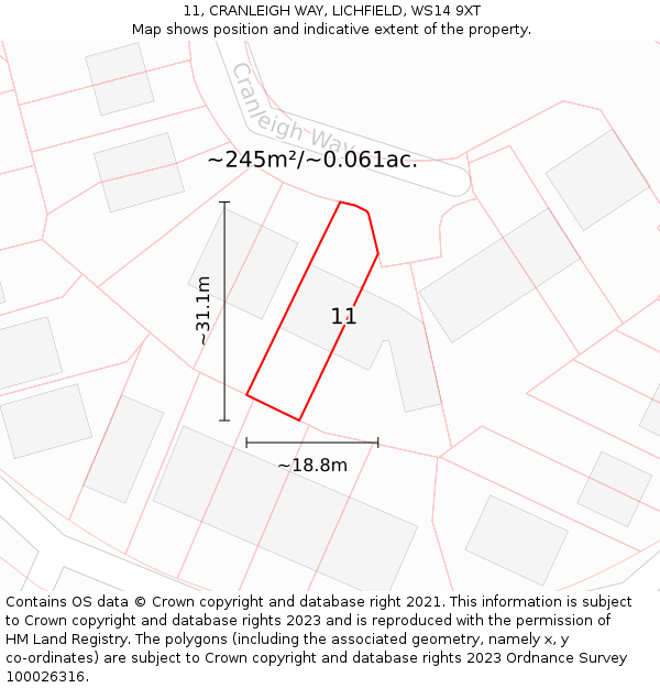 11, CRANLEIGH WAY, LICHFIELD, WS14 9XT: Plot and title map