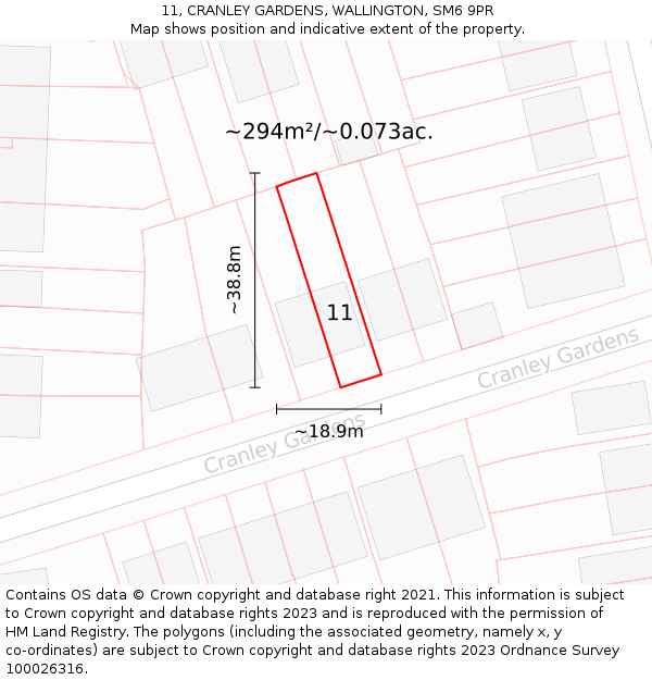 11, CRANLEY GARDENS, WALLINGTON, SM6 9PR: Plot and title map