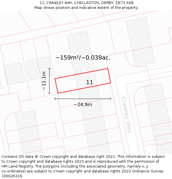 11, CRAWLEY WAY, CHELLASTON, DERBY, DE73 6XB: Plot and title map