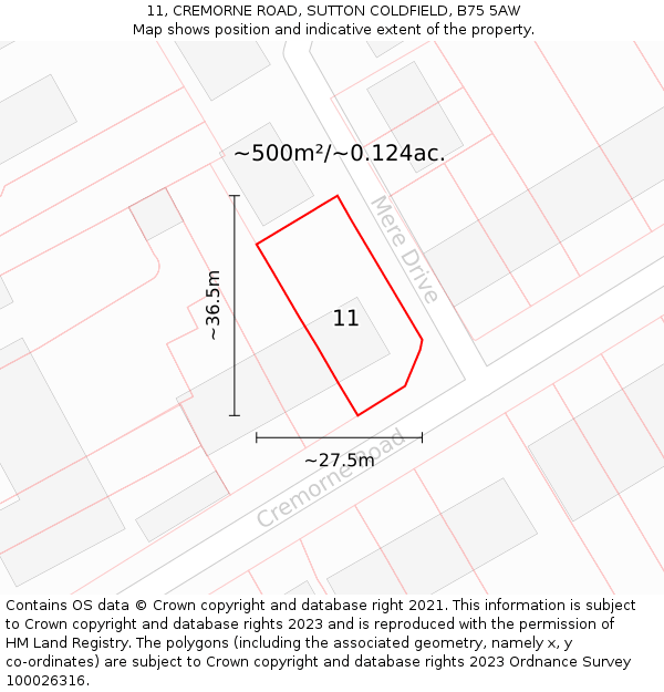 11, CREMORNE ROAD, SUTTON COLDFIELD, B75 5AW: Plot and title map
