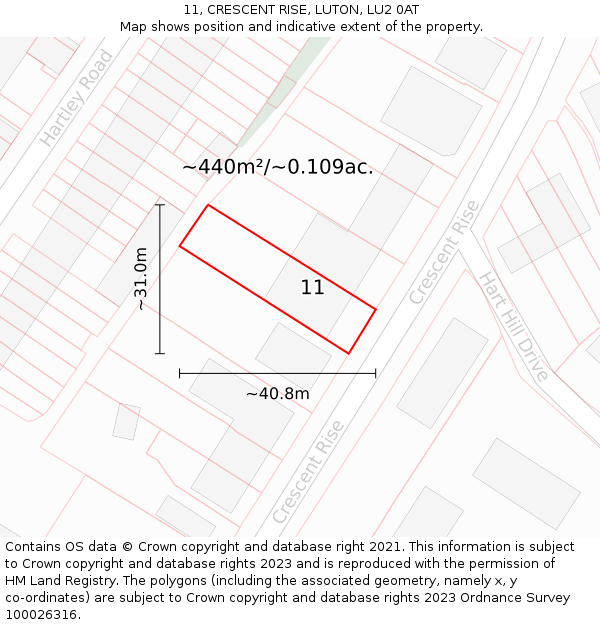11, CRESCENT RISE, LUTON, LU2 0AT: Plot and title map