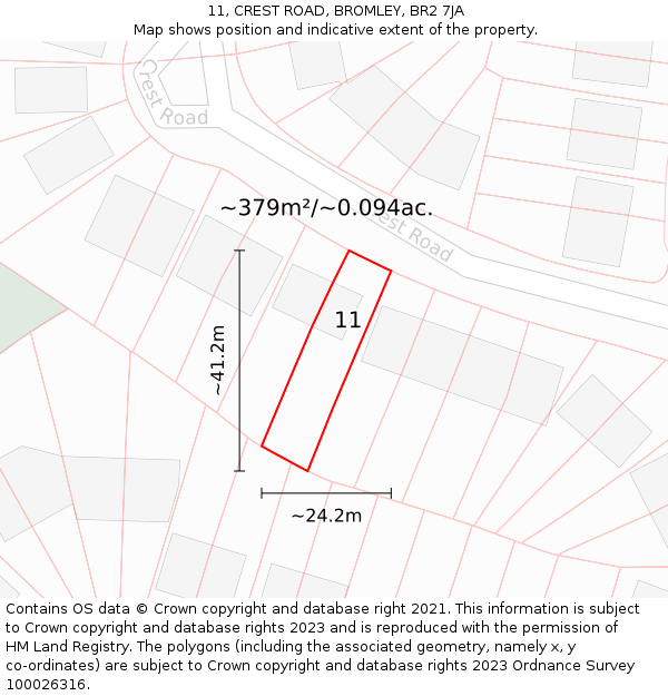 11, CREST ROAD, BROMLEY, BR2 7JA: Plot and title map