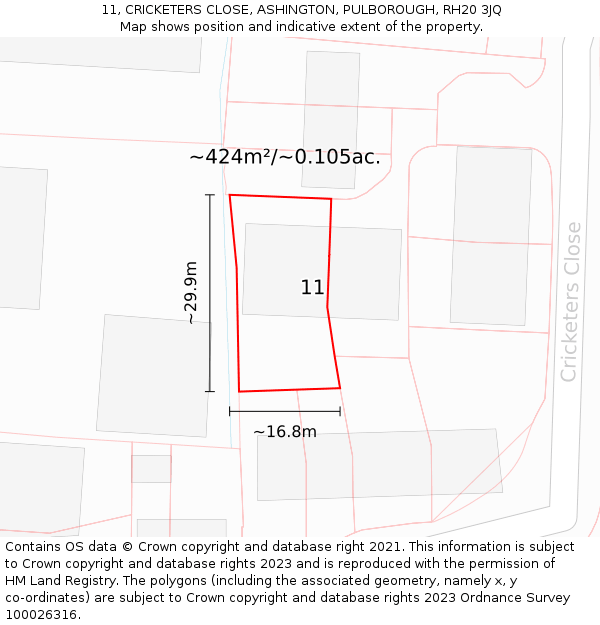 11, CRICKETERS CLOSE, ASHINGTON, PULBOROUGH, RH20 3JQ: Plot and title map