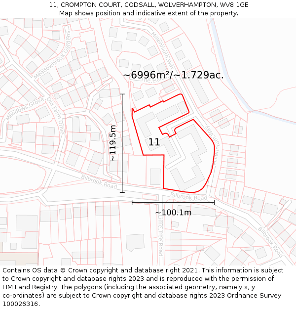 11, CROMPTON COURT, CODSALL, WOLVERHAMPTON, WV8 1GE: Plot and title map