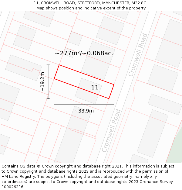 11, CROMWELL ROAD, STRETFORD, MANCHESTER, M32 8GH: Plot and title map