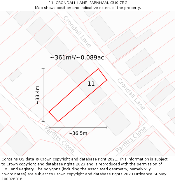 11, CRONDALL LANE, FARNHAM, GU9 7BG: Plot and title map