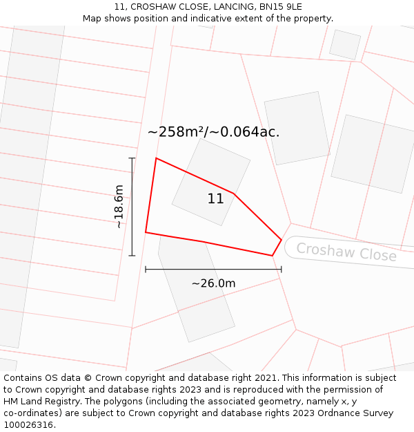 11, CROSHAW CLOSE, LANCING, BN15 9LE: Plot and title map