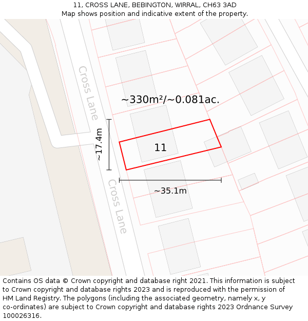11, CROSS LANE, BEBINGTON, WIRRAL, CH63 3AD: Plot and title map