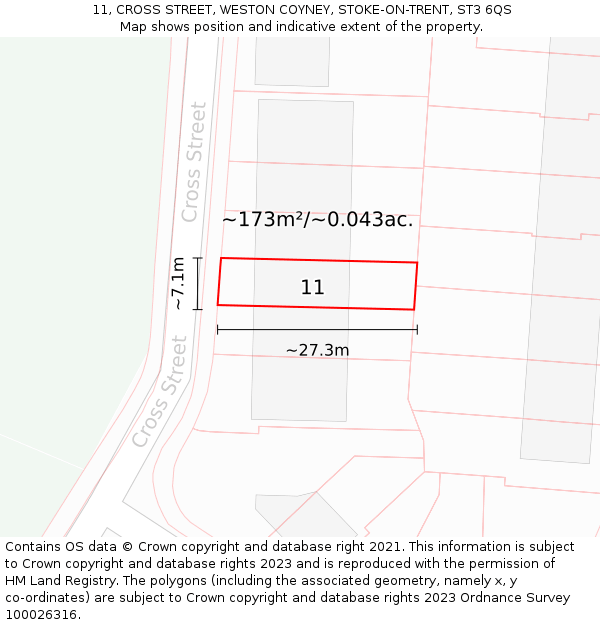 11, CROSS STREET, WESTON COYNEY, STOKE-ON-TRENT, ST3 6QS: Plot and title map