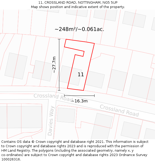 11, CROSSLAND ROAD, NOTTINGHAM, NG5 5UP: Plot and title map
